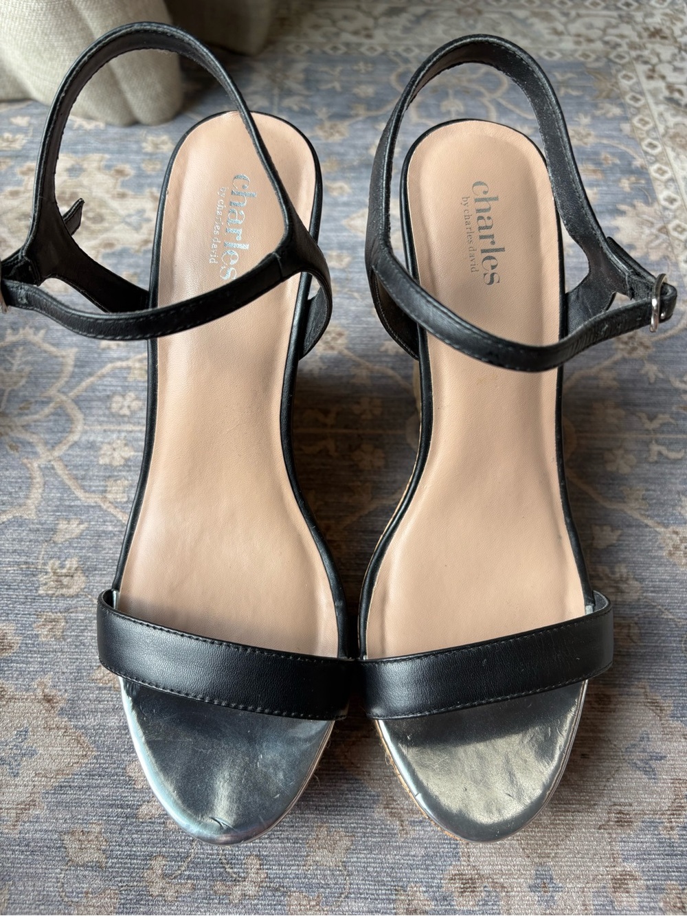 Charles By Charles David Black Leather Ankle-Strap Sandals with Silver Toe